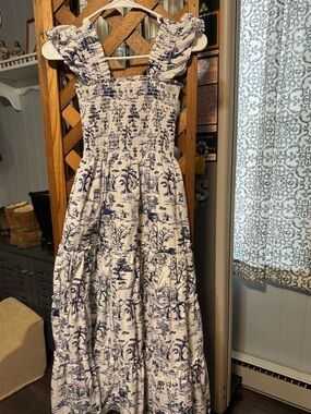 Luxe White Dress with Blue Toile Print